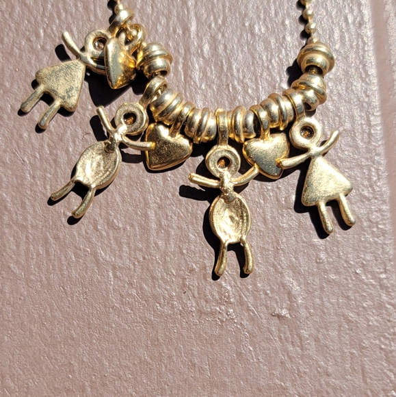 Vtg 30" Gold Tone Beaded Bracelet with Family Rhinestone Charms Hearts - Picture 4 of 6